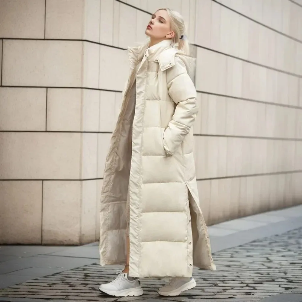 Cotton Coat Long Parka Coat Jacket Women 2024 Autumn Winter Thick Warm Coats Woven Block Trend Hooded White Down Parkas