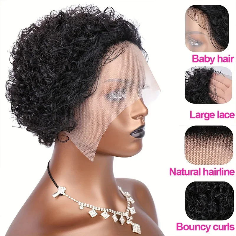 Peluca de cabello humano con corte Pixie para mujeres negras, pelo corto Bob con encaje Frontal 13x1