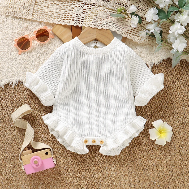 Babykleidung für Mädchen 0-3 Monate Weißer Langarm-Strick-Strampler für Neugeborene Frühling Herbst Winter Kleinkinder Overalls