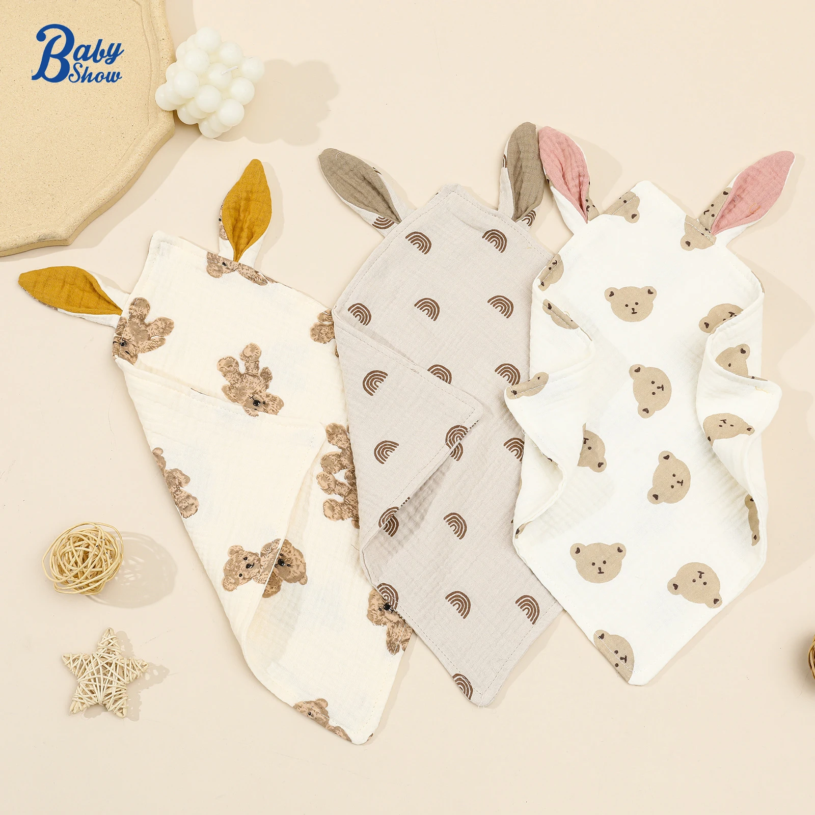 Muslin Square Towel New Born Soothe Appease Towel Cotton Baby Comforter Burp Cloth Wood Teether Ring Baby Stuff Snap Button