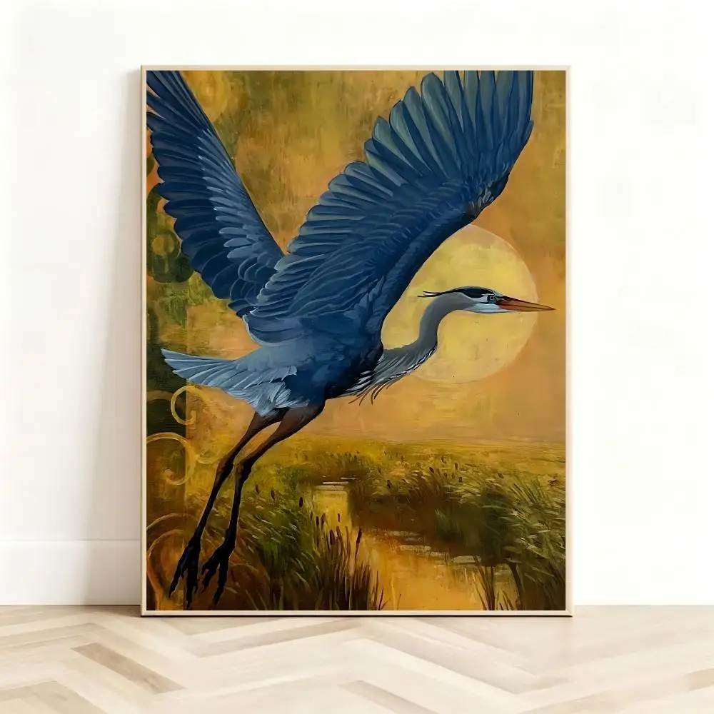 Serene Visual Art B-Blue Heron Poster Classic Self-Adhesive PP Wall Sticker for Living Room Bar Decor Gift