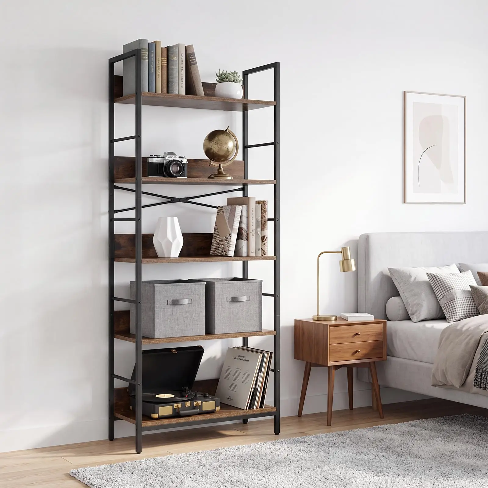 5 Tier Tall Bookshelf With Metal Frame and Wood Shelves, Industrial Bookcase Open Display Storage Rack For Living Room Bedroom Office