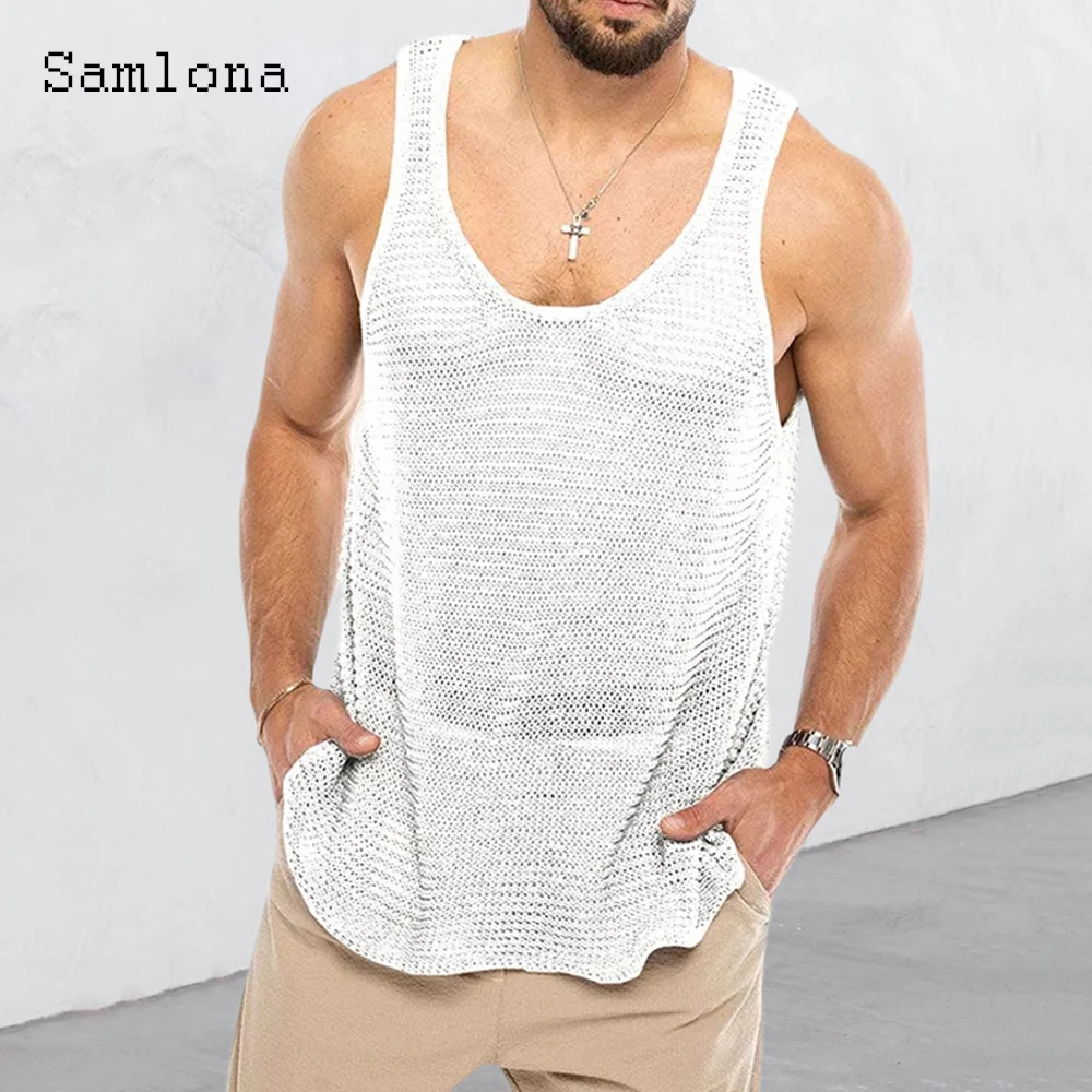 Plus Size Mens Latest Casual Baggy Tank Tops Men Beachwear 2025 Summer Knitted Vest Men's Sleeveless Hollow Out Tshirt Red White