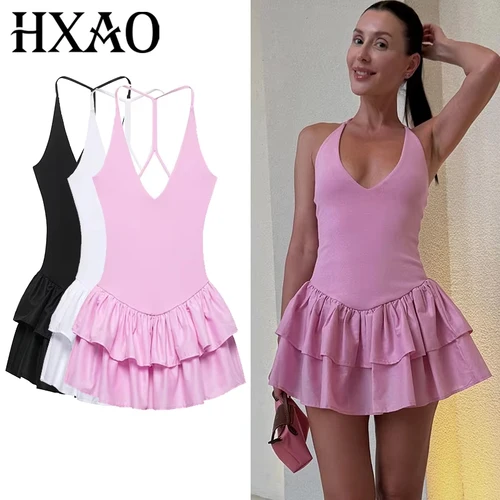 Vestidos de mujer 2025, Mini vestidos rosas con cuello Halter, Vestido elegante con cuello en V y dobladillo con volantes, Vestido de línea A, ropa de fiesta callejera de verano para mujer