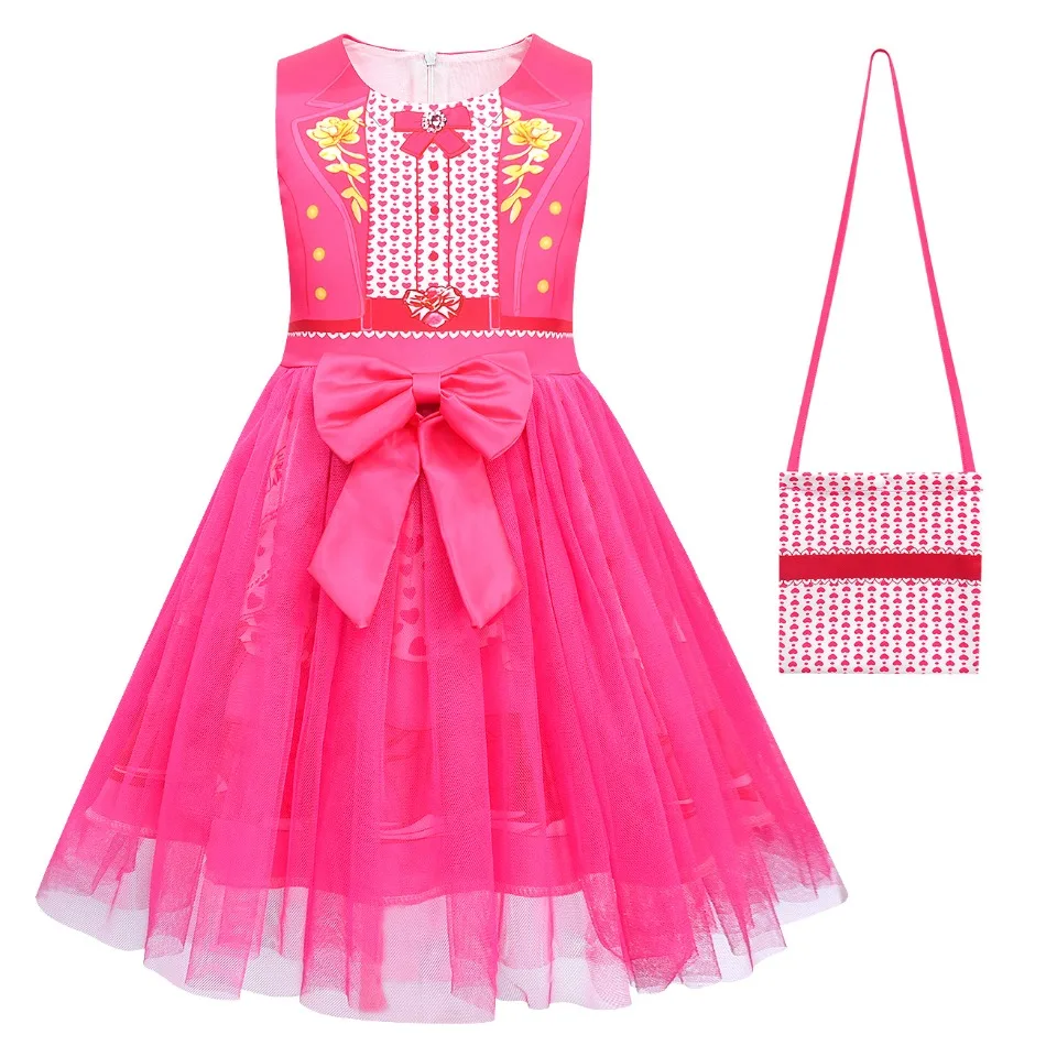 Girls Hot Pink Sleeveless Tulle Dress Faux Suit Print Kids Cosplay Costume Large Bow Mesh Tutu Dress With Bag For Party TSJ45