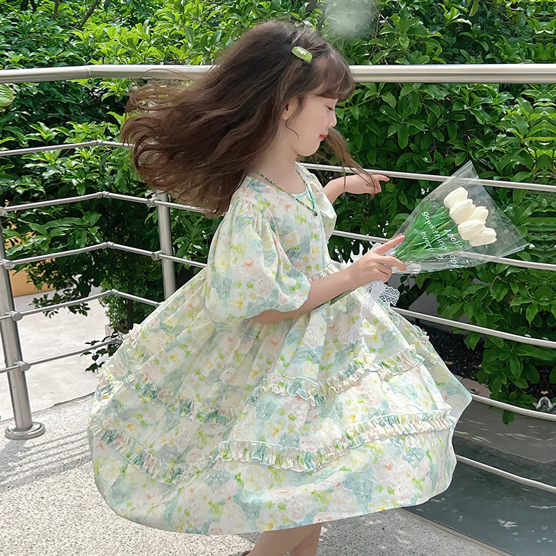 

Pure cotton girls' floral dress children's princess dress big kids' short sleeve dress little girls' 2025 summer new style