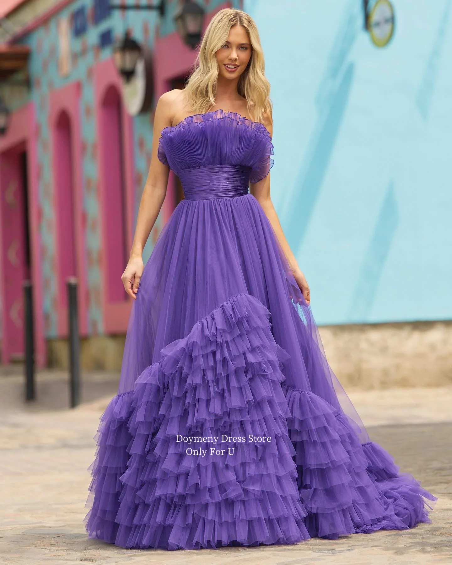 Doymeny Strapless Ruffled Tiered Tulle Prom Dresses Sleeveless A-line Evening Dresses Party Gowns  فساتين السهرة