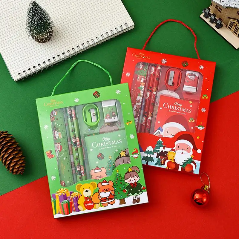 クリスマス鉛筆消しゴムセット、複数の色、文房具学校、パーティーの記念品、かわいい、6個セット