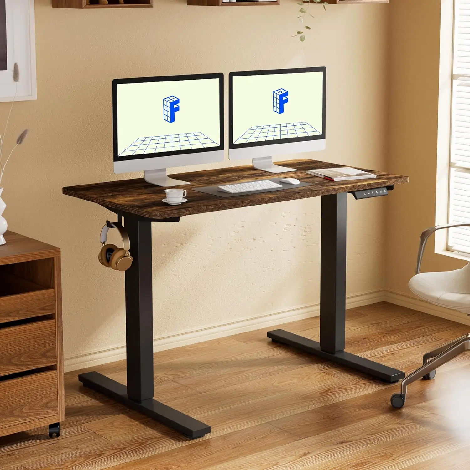 Adjustable office desk, 55x28 electric standing desk as a whole (black frame+country style tabletop, 2-piece set)