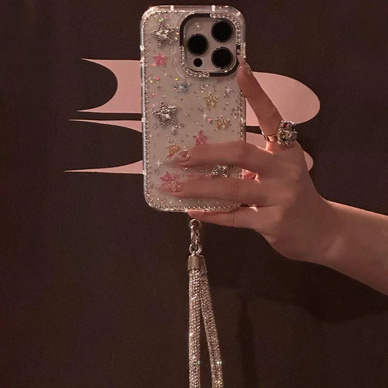 

Dopamine diamond studded 3D star phone case with chain for iPhone 11 12 13 14 15 16 pro max