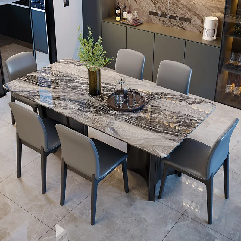 

Premium Modern Luxury Grey Marble Dining Table Rectangular Natural Stone Top with Sleek Black Metal Base for Home furniture