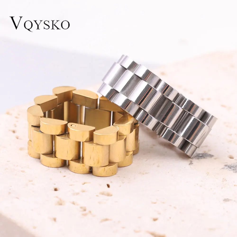 Novo anel de corrente de relógio dourado/prata de 10mm para homens e mulheres, anéis simples e elegantes de aço inoxidável, acessórios de joias punk, presente de aniversário