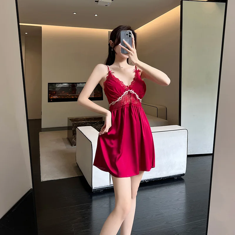 French sexy lace women's deep V off shoulder suspender, backless home sleepwear, comfortable and pure desire style nightgown