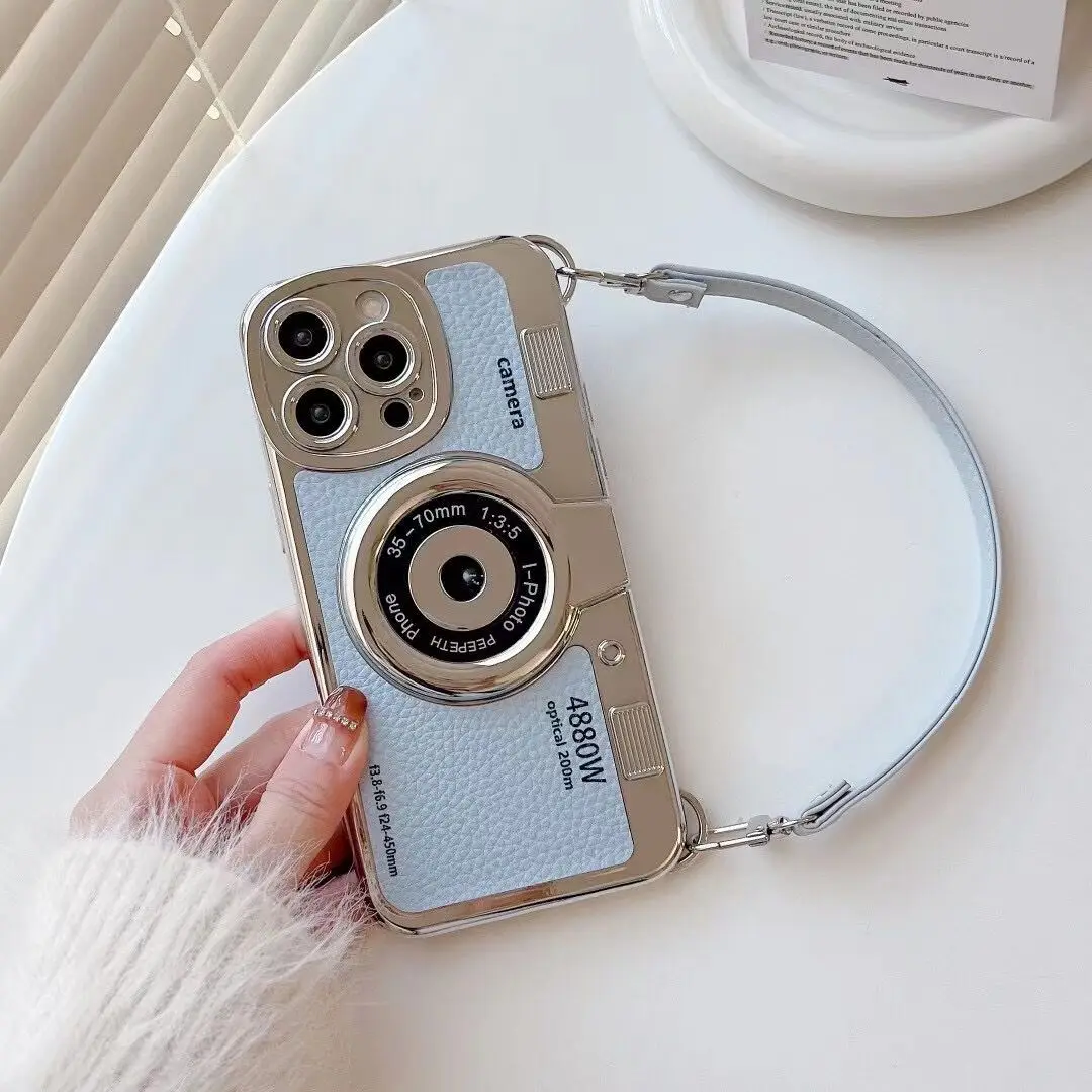 

Luxury Retro Stereo Camera Hand with Lanyard Phone Case For iPhone 16 15 14 Plus 13 12 11 Pro Max Leather Pattern Case