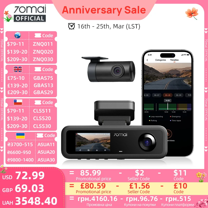 

70mai 3-Channel Dash Cam T800E 4K HDR F1.55 Aperture Supercapacitor Voice Control GPS Car DVR 70mai T800E WiFi 6 5GHz