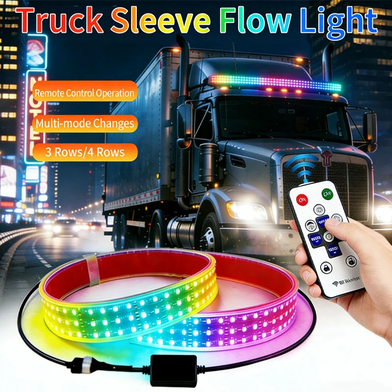 

180/200/240CM Dynamic Truck Streamer Light Strip RGB 64 Colors Sun Visor Decorative Lights Atmosphere Lights Remote Control 24V