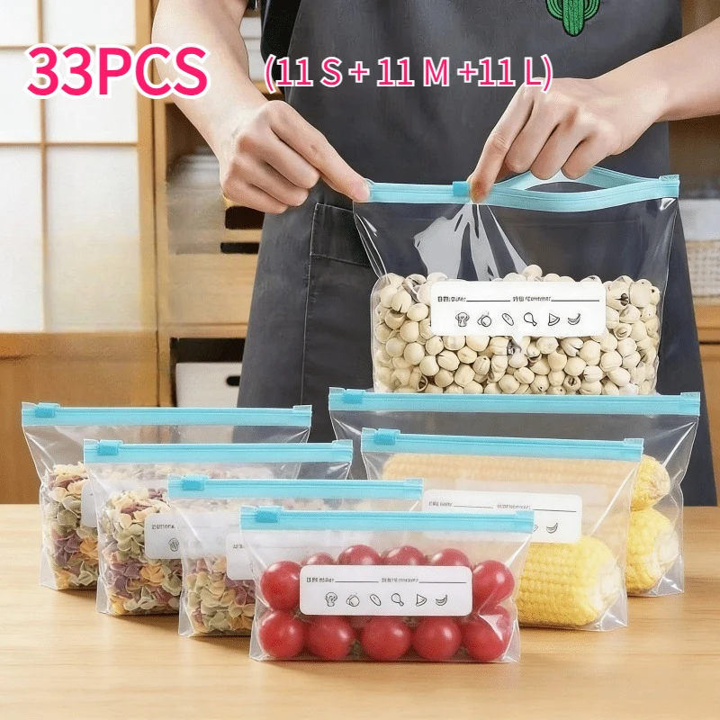 33PCS(S11+M11+L11) Reusable Storage Bags,3 Sizes  Bags for Food Preservation,Refrigerator Freezer Bags for Fruit Meat Veggies