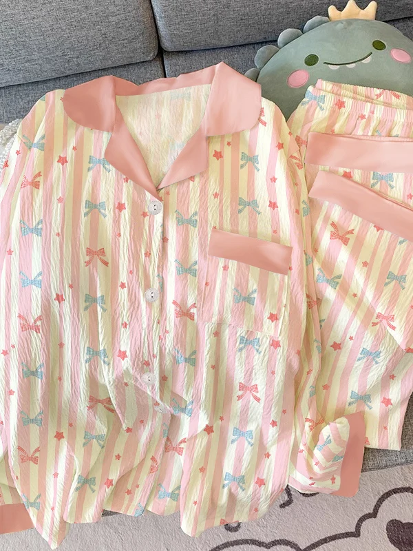 Girls Stripe Sleepwear Women's  Knot Star Long Sleeve Long Pants Korean Style Sweet Crepe Home Clothes Set - view 2