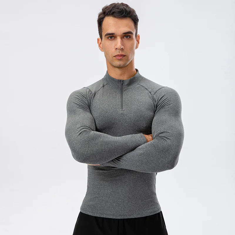 Men's autumn and winter fleece gym clothes High elastic tight sports running training long sleeve warm stand up collar sweatshir