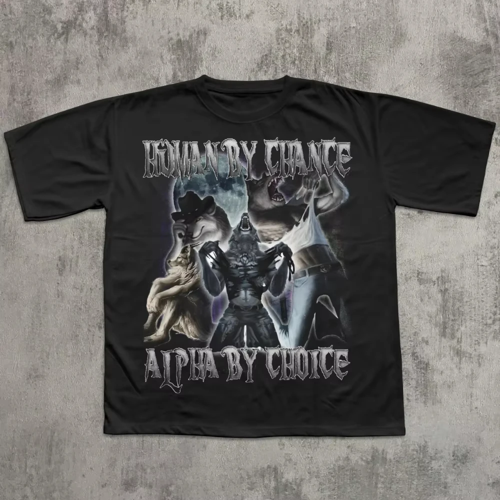 Human By Chance Alpha By Choice Funny Werewolf Tearing Shirt Wolf T-shirt Weird Clothes Ironic Shirt Men Women Short Sleeve Tees