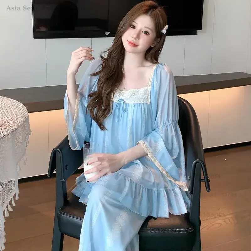 

Blue Sweet Sleepwear Spring Summer Night Wear Home Clothes Long Sleeve Square Collar Lace Top&Trouser Pajamas Set Loungewear