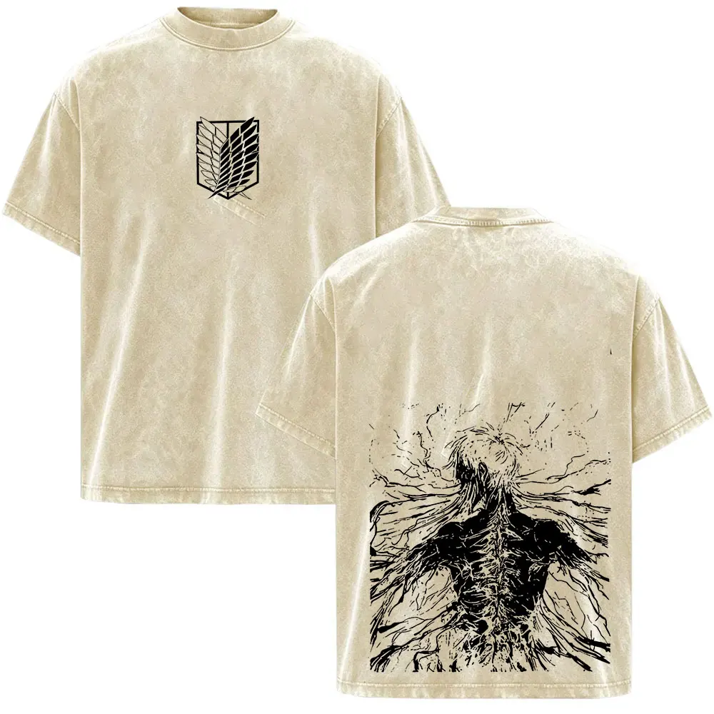 Vintage Washed Attack on Titan Anime T-Shirt für Männer, Neues Manga Eren Yeager Grafik-T-Shirt, Lässiges Baumwoll-Kurzarm-T-Shirt für Herren – Detail 3