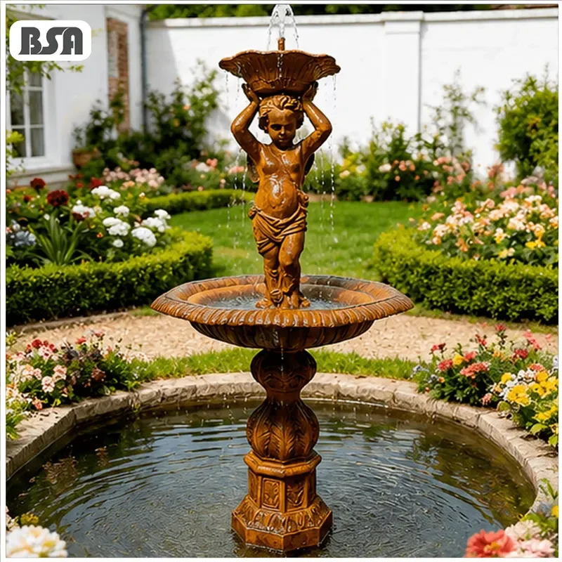 BSA Vintage Cast Iron Cherub Statue Water Fountain Two Tier European Metal Angel Sculpture Fountain for Garden Courtyard