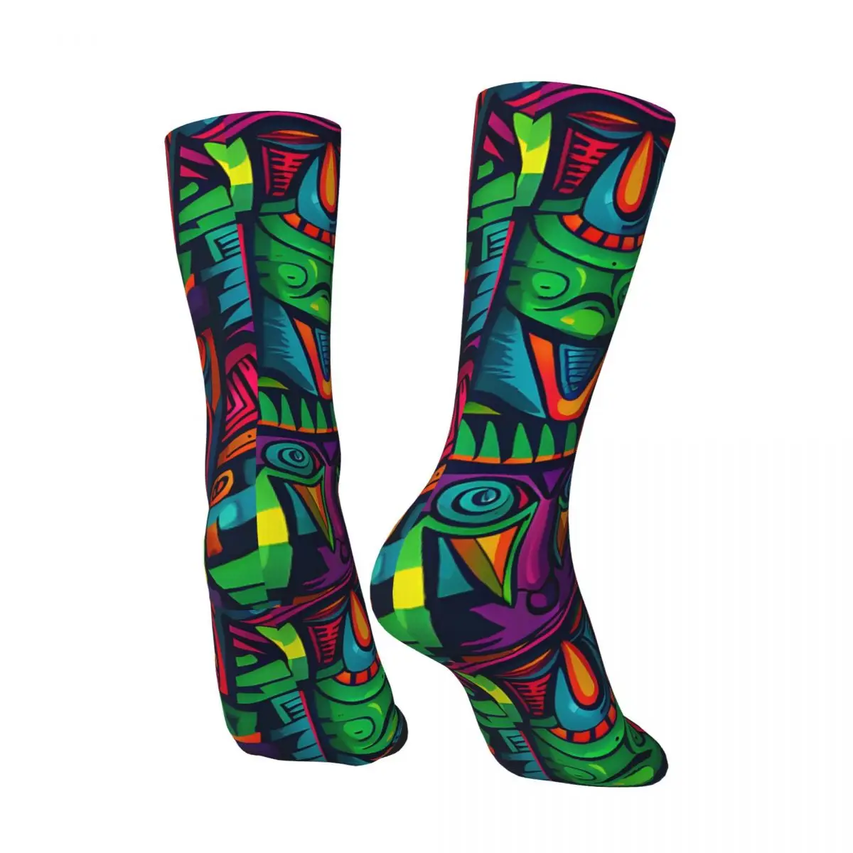 Bright Vibrant Psychedelic Trippy Tiki Pattern Print Digital Painting Sock for Men Harajuku Tiki Seamless Pattern Crew Sock