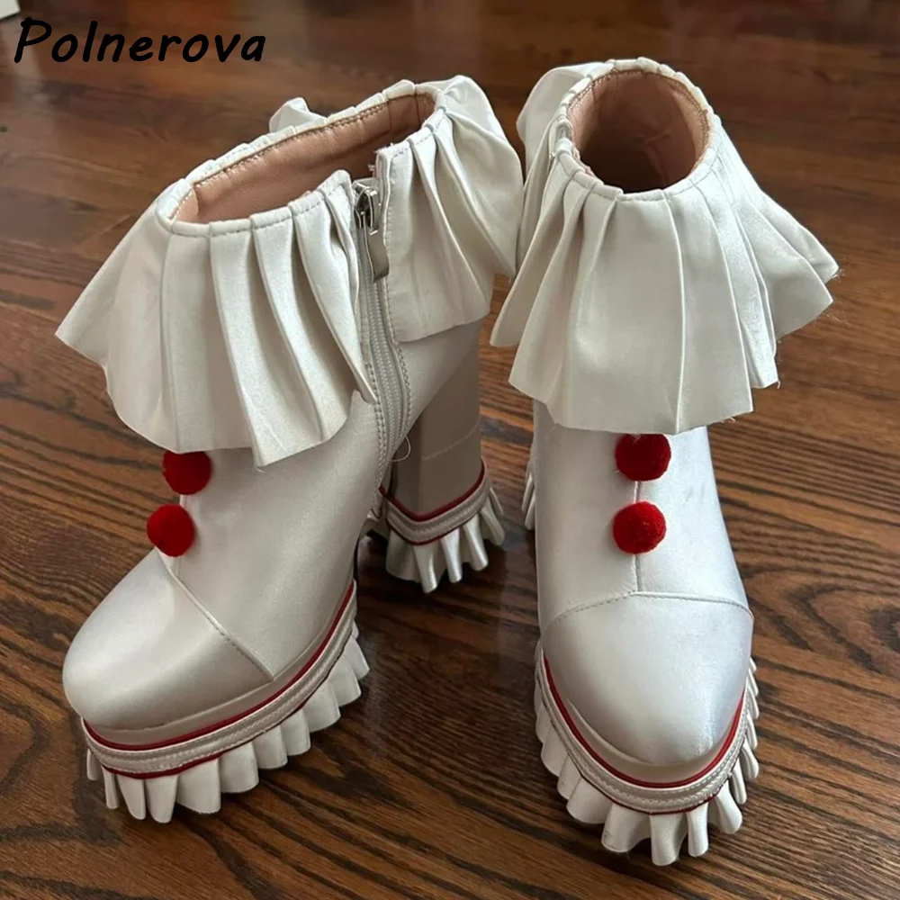 

Furry Ball Cake Ankle Boots White Red Pleated Platform Round Toe Side Zipper Lovely Shoes Women's Fashion Lolita Ankle Boots