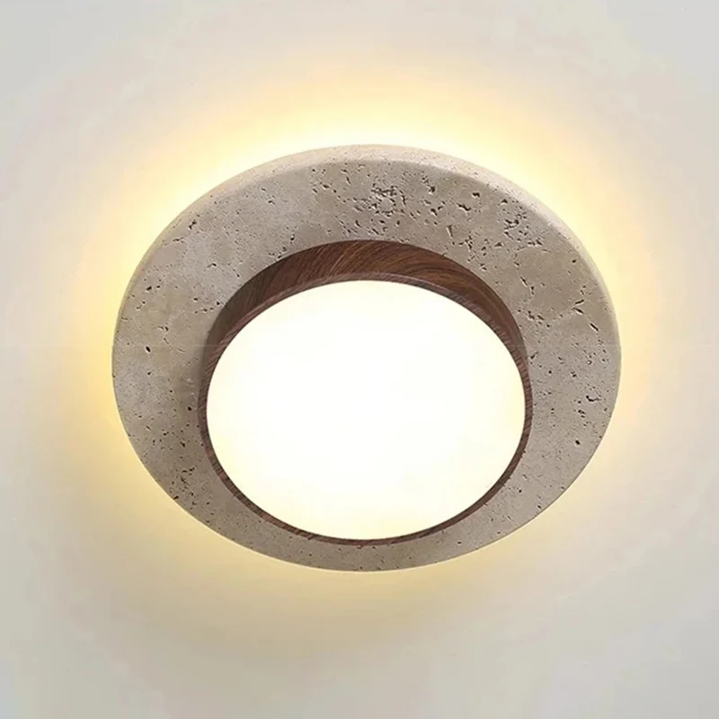 Stone Ceiling Lamp Round Design Walnut Wood Wabi Sabi Retro LED 28W D22cm for Living Room Balcony Corridors