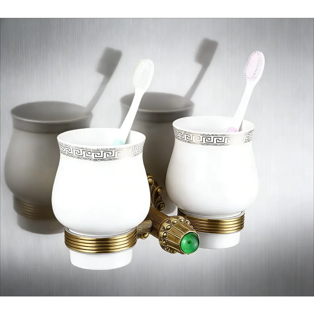 

Wall-mounted brass double cup holder retro, bathroom toothbrush storage cup holder
