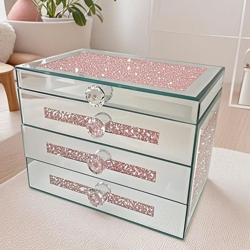 

Silver Mirror Glass Jewelry Storage Box, Elegant Desktop Organizer Multiple Drawers & Compartments for Necklaces Rings Earrings