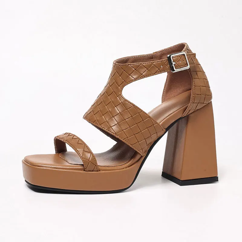 Square Toe Women Platform Sandals High Heels Gladiator Sandalias Diamond Pattern PU Leather Summer Shoes for Woman WSH5658