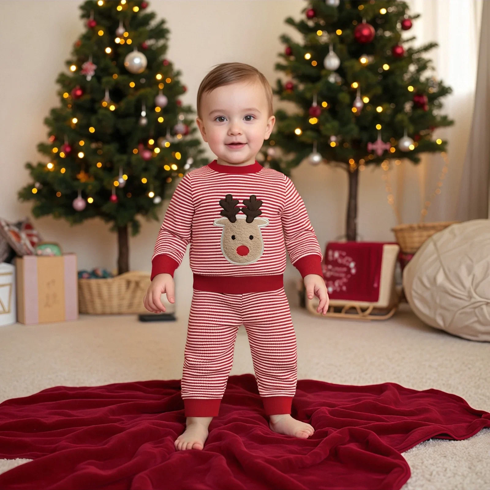 

Autumn Winter Children Christmas Outfit Reindeer Embroidered Waffle Knit Sweatshirt & Striped Pants Two-Piece Set