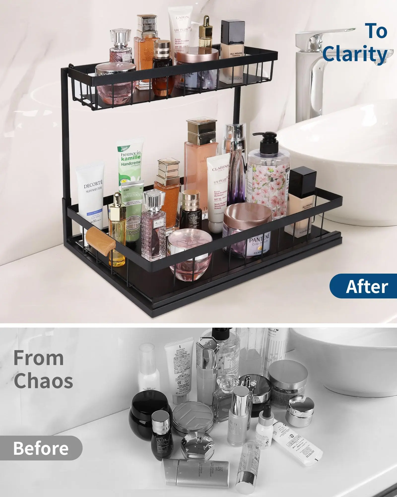 2 Tier Under Sink Organizer,Metal Pull Out Kitchen Cabinet Organizer with Sliding Drawer,Sturdy Multi-Functional for Kitchen