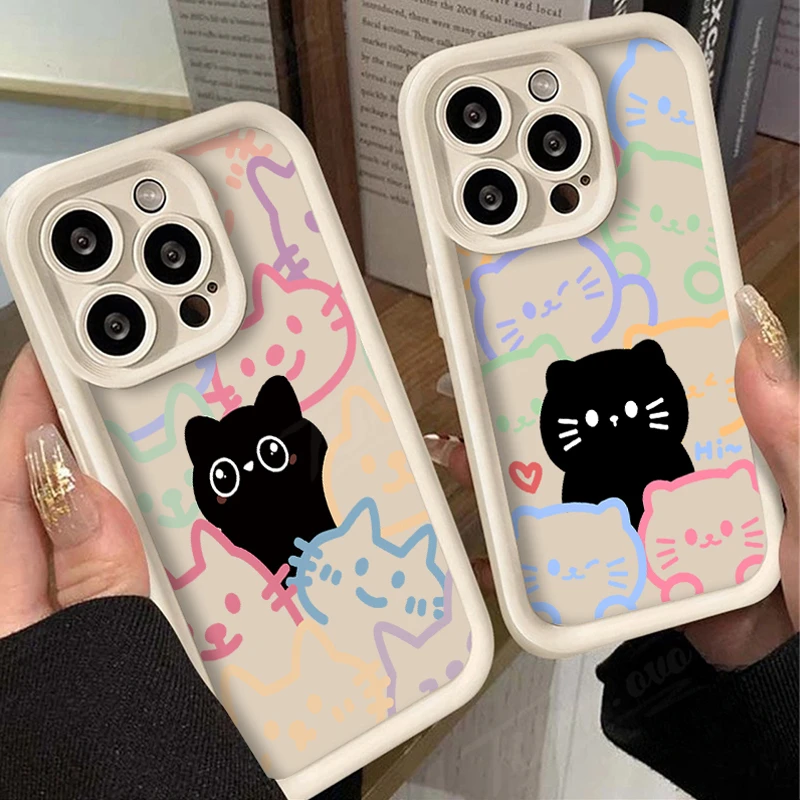 Lovely Line Black Cat Soft Phone Case for Samsung Galaxy A55 A35 A25 A15 A05 A05S A24 A13 A23 A12 A22 A32 A52 A52S A71 A72 A51