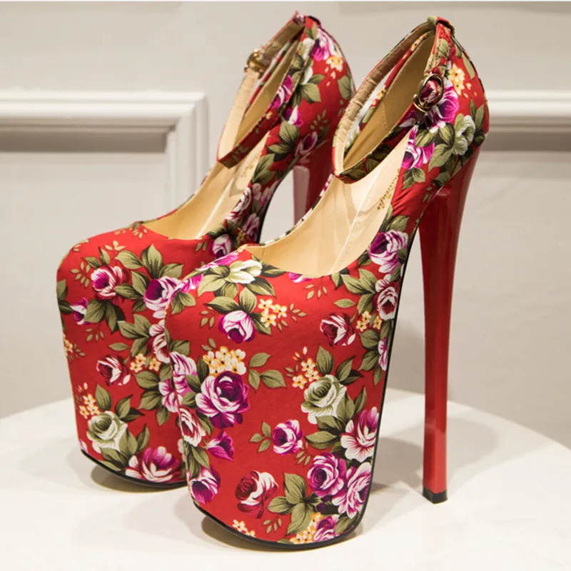 New 22cm sexy flower ethnic style ultra-high heels fetishist shoes for women's fashion printing platform high heels