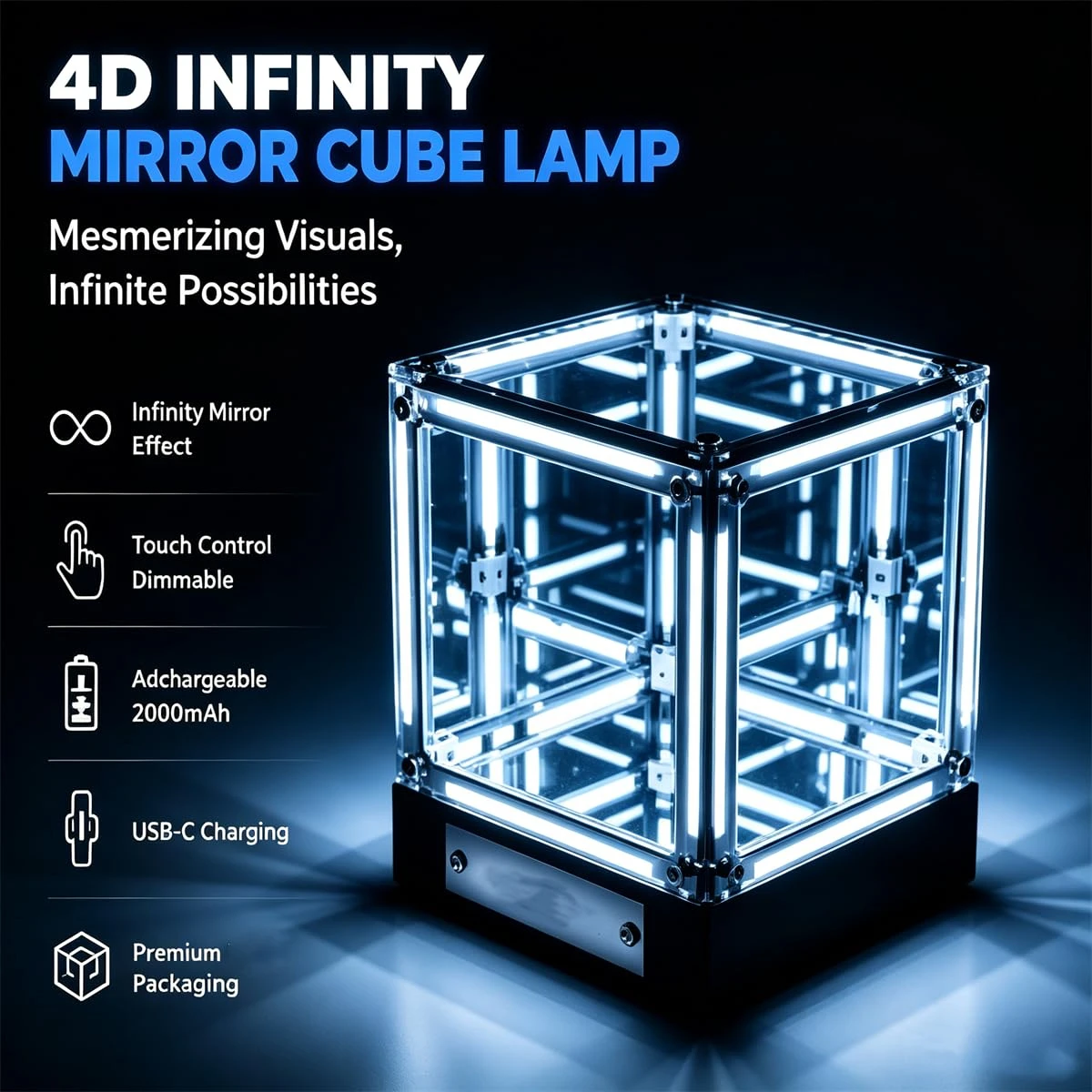 Infinity Cube LED Lamp Acrylic Mirror Tunnel Night Light Infinite Reflection Decor Lamp Tabletop Light for Bedroom Desk Ornament