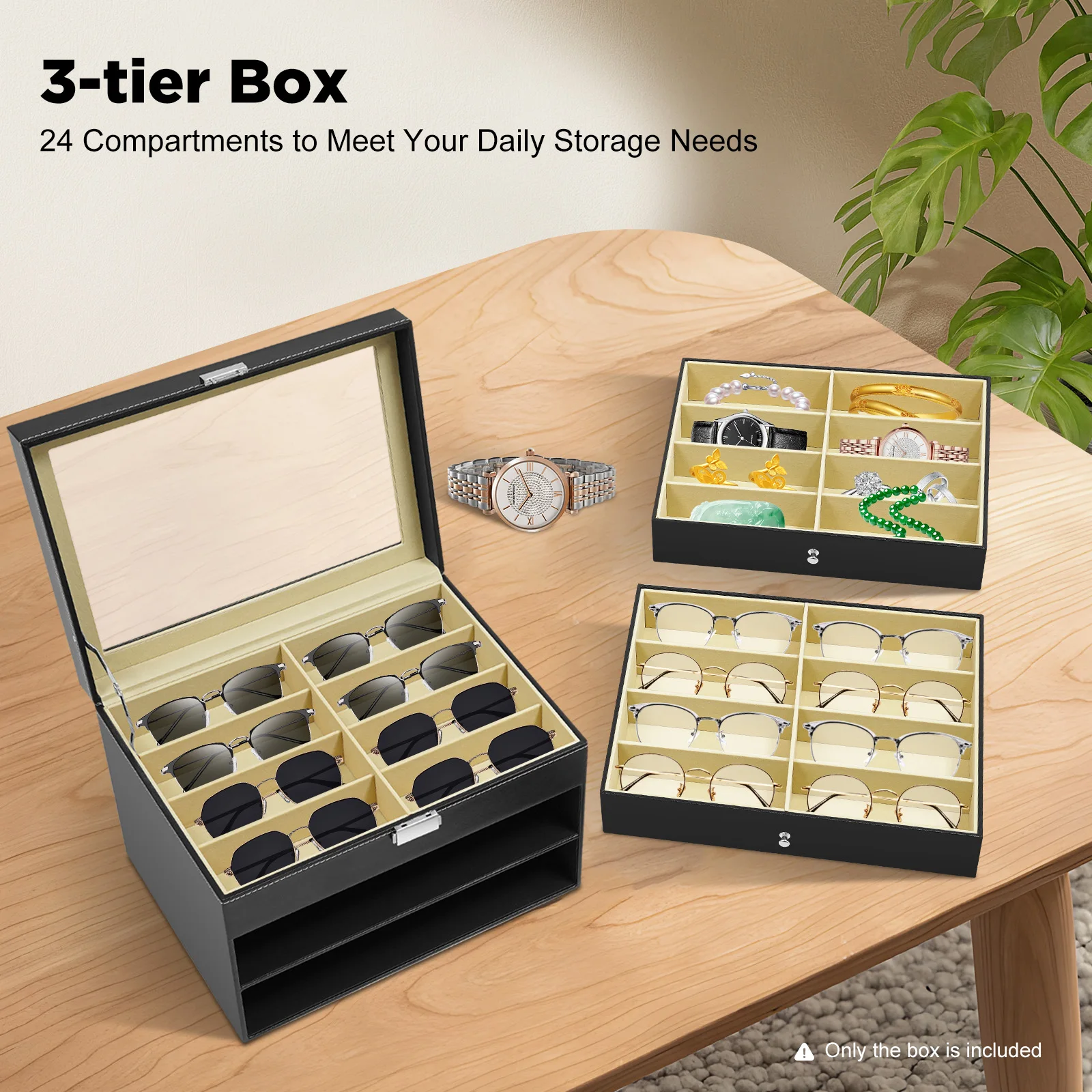 

(Black) 3-Tier Eyeglasses Display Case for Storing 24 Glasses, Glasses Box Storage with Lid, Sunglass Organize Box, 34*25*19 cm