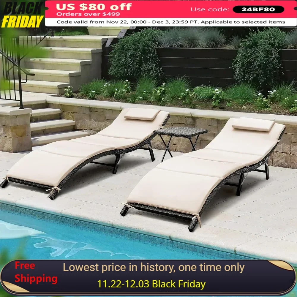 3 Pcs Patio Chaise Lounge Chair Sets, Outdoor Beach Pool PE Rattan Reclining Chair with Folding Table and Cushion, Chaise Lounge