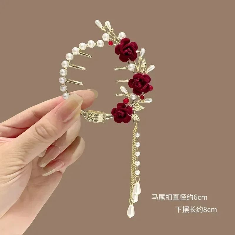 Blue Red Butterfly Bun Ponytail Buckle Holder Hair Clips Elegant Hairpin Hanging Pearl Tassel High Ponytail Hair Claw for Women