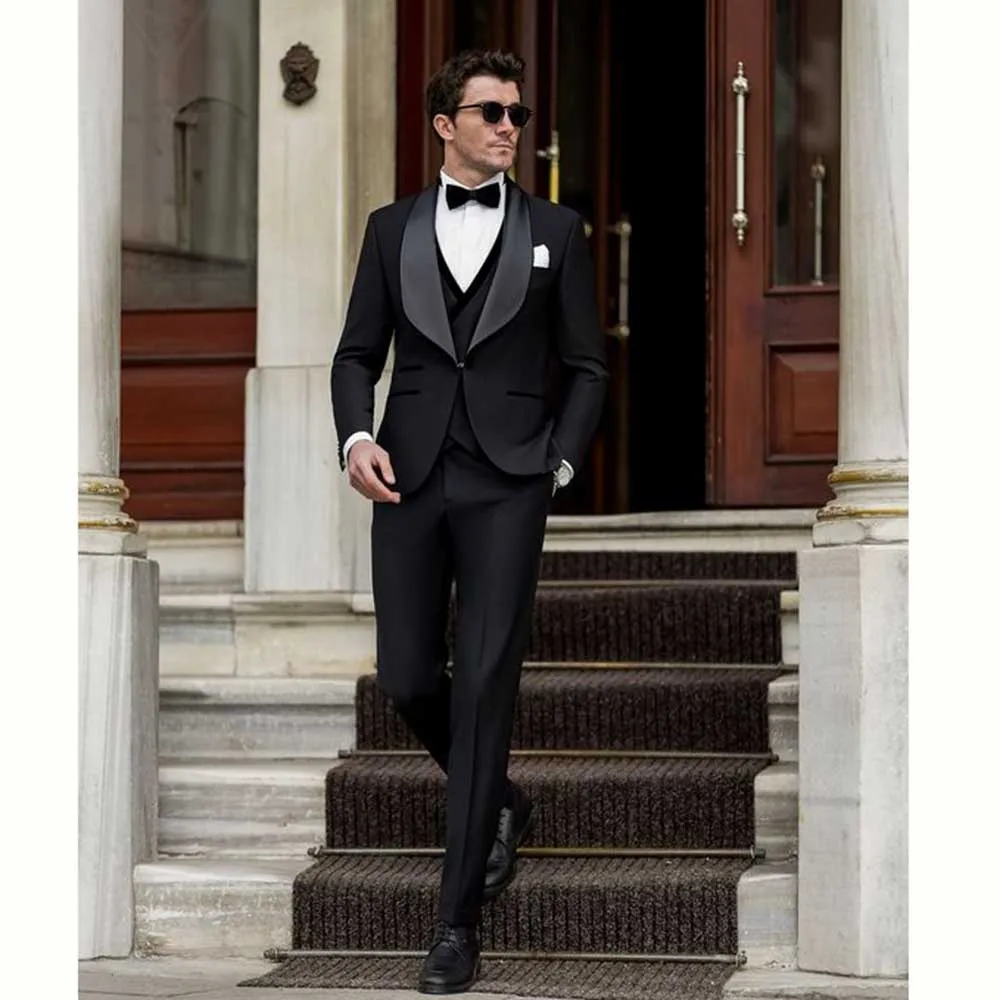 Elegant Black Suit for Men One Button Shawl Lapel Three Piece Jacket Vest Pants Male Clothing Wedding Party Business Blazer Set