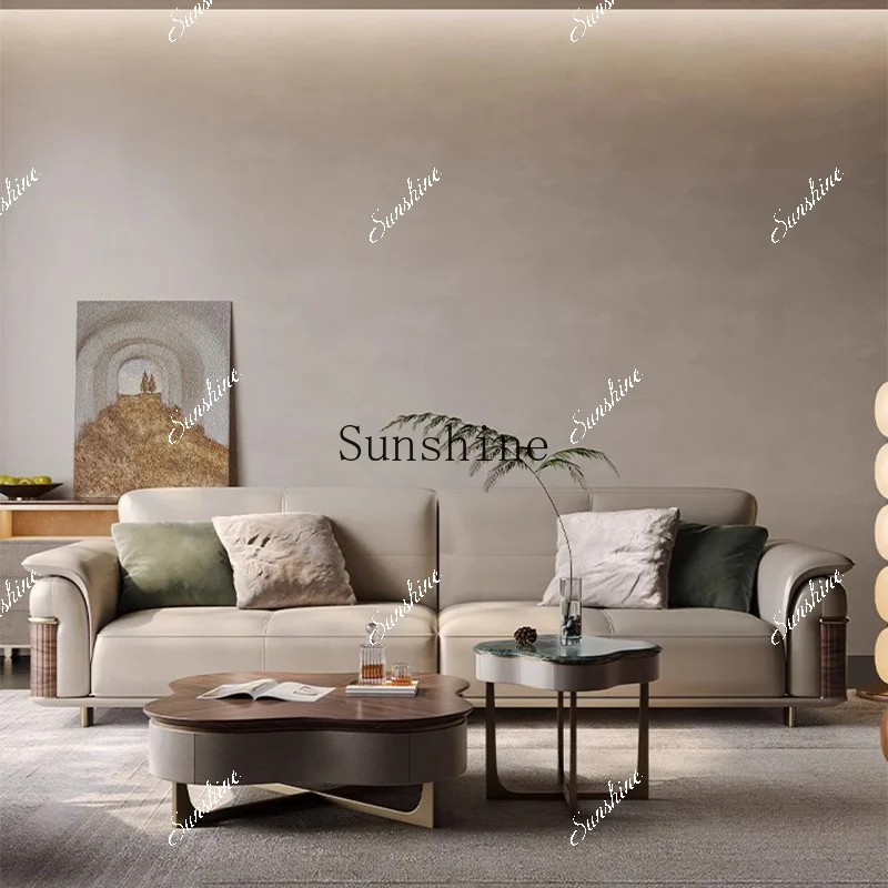 Living room walnut new Chinese style sitting area reception solid wood leather sofa office  FT