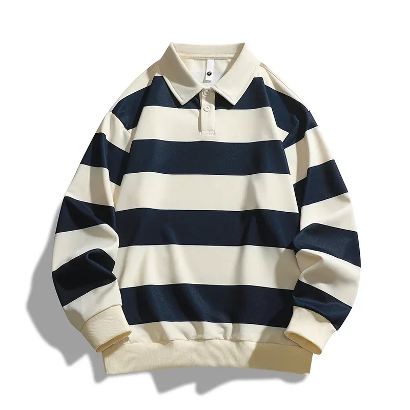 

Men Long-sleeved T-shirt 2024 Autumn New Fashion Trend Striped Printing Casual Loose Outdoor Camping Lapel Top Couple POLO Shirt