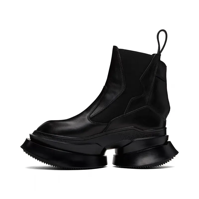 Black Genuine Leather Platform Men Chelsea Boots Double Layer Chunky Sole Elastic Side Gothic Streetwear Ankle Shoes