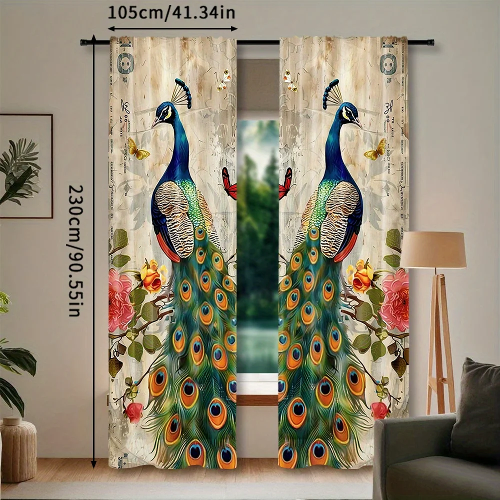 Peacock Curtains Vintage Floral Butterflies  Printed Artistic Design Waterproof Window Drapes Boho Home Decor Statement