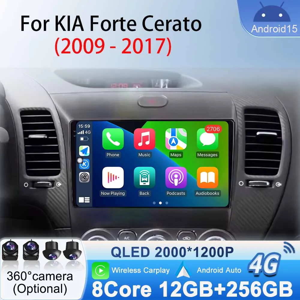 

Wireless Carplay Android Auto for KIA Forte Cerato 2009 - 2017 Android 15 Car Radio Multimedia Video Player WIFI GPS Navigation