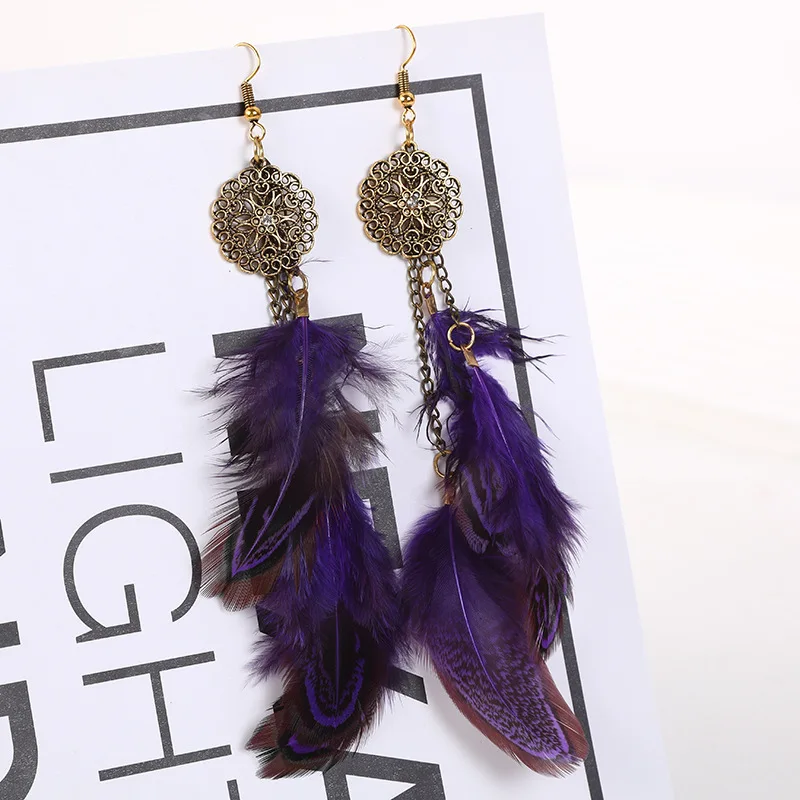 Ethnische Lange Feder Ohrringe Frauen Böhmischen Vintage Gold Farbe Hohle Blume Handgemachte Kette Baumeln Ohrring Party Hochzeit Schmuck – Detail 6
