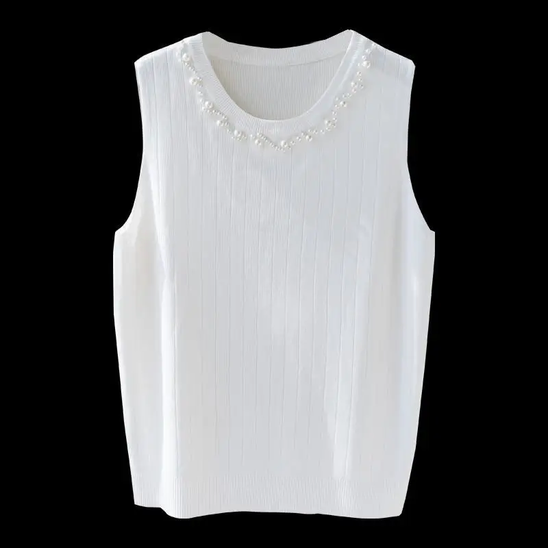 Ice Silk Tank Top Women\'s White Sleeveless Bottom Beaded Small Fragrant Knit Top Cute  Korean Fashion Clothing Tank Top Women