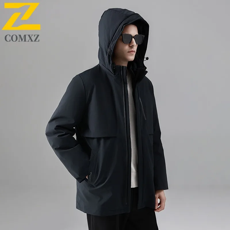 COMXZ Winter Hooded Down Jacket Men Loose Fit Solid Color White Duck Down Top Youth Minimalist Thermal Fashion Casual Sport Coat